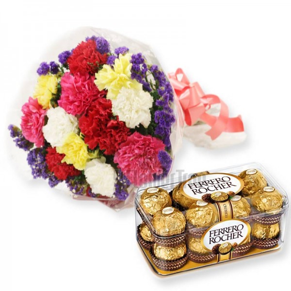 12 Colorful Carnation with a box of 16 pcs of Ferrero Rochers